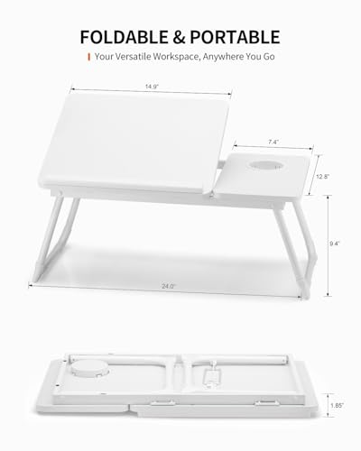 FISYOD Foldable Laptop Desk for Bed Couch, Adjustable Split Lap Desk with Cup Holder, Portable Lightweight Bed Table Tray, Heavy-Duty Laptop Stand for Working, Writing, Reading and Eating - White - color: White