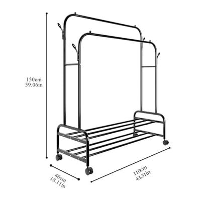 Antiwar Sturdy Metal Double Rodding Clothes Rack With Wheels, Portable Clothing Rack With Shelves & Hooks, Heavy Duty Garment Racks for Hanging Clothes, Multi-Functional Closet Rack for Bedroom, Black - color: LIght Black
