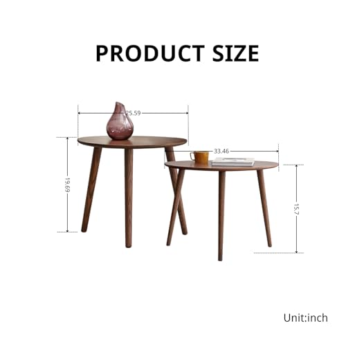 100% Solid Oak Wood Nesting Coffee Table,Mid Century Modern Oval Coffee Tables Set, Round Tables for Living Room, Pebble Side Table for Balcony (Walnut, Combine) - color: Walnut, size: Tall + Large - 2 Piece