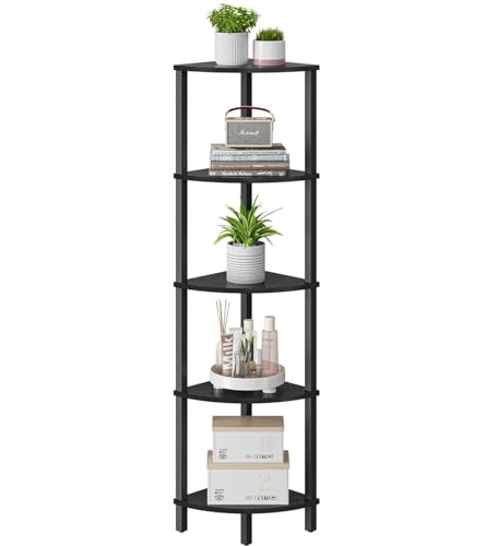 VIMBER Corner Shelf, 5-Tier Corner Bookshelf, Industrial Corner Ladder Shelf, Modern Display Shelf for Living Room, Bedroom, Kitchen, Home Office, Black UJSJ001B - color: Black, size: 5-Tier without LED