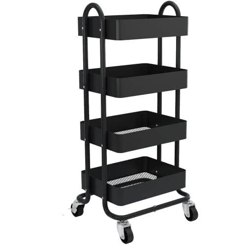 4-Tier Metal Rolling Cart with Wheels,4 Tier Utility Cart with Wheels for Office,Home,Kitchen,Garden（13.4"x18.1"x40"） Black - color: Black, size: 40"H