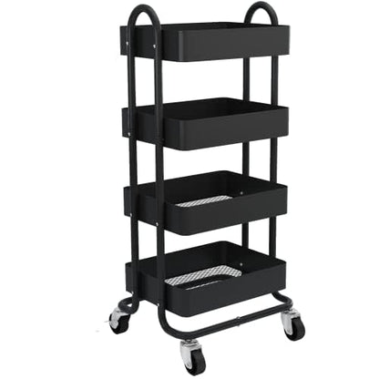 4-Tier Metal Rolling Cart with Wheels,4 Tier Utility Cart with Wheels for Office,Home,Kitchen,Garden（13.4"x18.1"x40"） Black - color: Black, size: 40"H