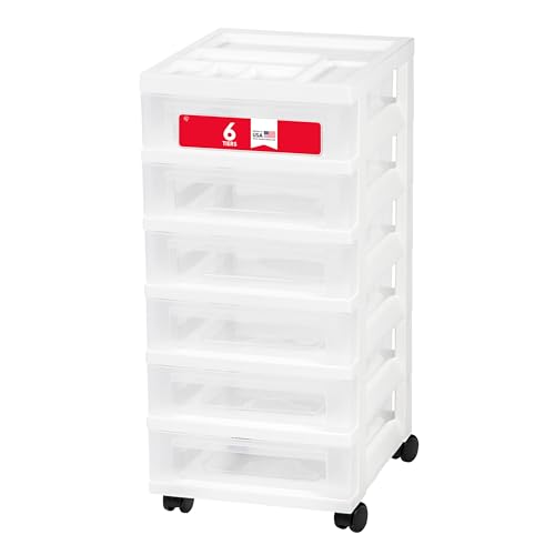 IRIS USA 6-Drawer Rolling Storage Cart, White/Clear | Keep classroom supplies, teacher essentials, craft materials, and learning tools organized with easy-access drawers. - size: 6 Drawer