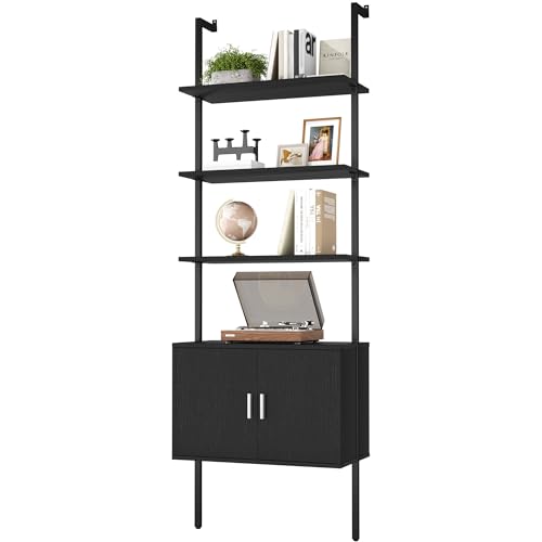 Yusong 73" Tall Bookshelf with Cabinet, Industrial Ladder Wall Mount Shelf Bookcase with Wood and Metal Frame, Plant Shelf Wall Storage Display for Living Room Bedroom, Black Wood Grain - color: Black