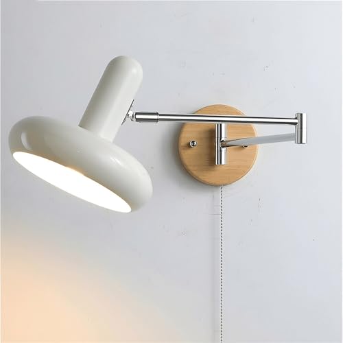 Modern Industrial Adjustable Swing Arm Wall Lamp Pull Chain Switch Wall Sconce Iron Wood Wall Light Fixture for Bedroom Bedside Study Reading Living Room Decorative Lighting