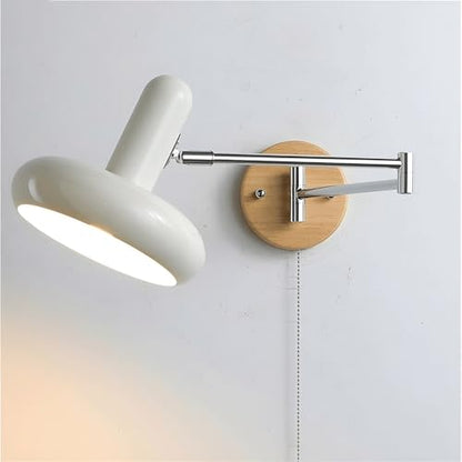 Modern Industrial Adjustable Swing Arm Wall Lamp Pull Chain Switch Wall Sconce Iron Wood Wall Light Fixture for Bedroom Bedside Study Reading Living Room Decorative Lighting