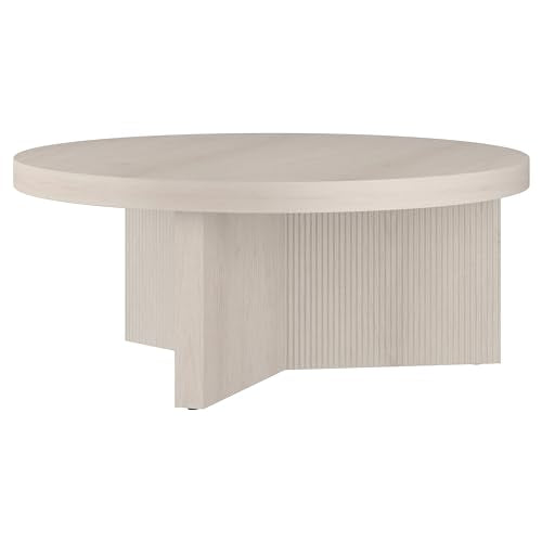 Henn&Hart 36" Scandinavian Fluted Coffee Table, Beech White | Ribbed pedestal base and low profile bring Scandinavian style to small spaces including living rooms or family rooms - color: Beech White, size: 36 inches
