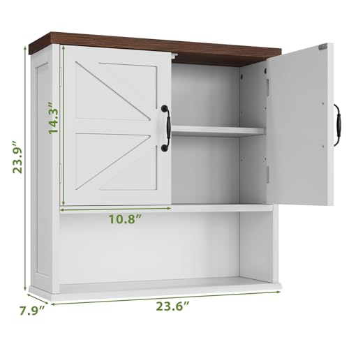 Bathroom Wall Cabinet with Barn Doors, Wall Mounted Bathroom Cabinet, Farmhouse Style, Adjustable Shelf, Wall Mounted Medicine Cabinets, 23.6 x 7.9 x 23.9 Inches - color: White, size: Large Bathroom Cabinet
