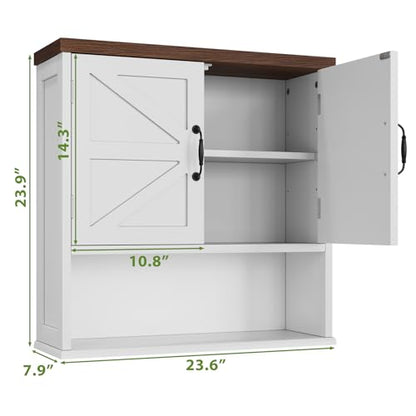 Bathroom Wall Cabinet with Barn Doors, Wall Mounted Bathroom Cabinet, Farmhouse Style, Adjustable Shelf, Wall Mounted Medicine Cabinets, 23.6 x 7.9 x 23.9 Inches - color: White, size: Large Bathroom Cabinet