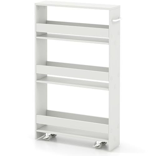 MAT EXPERT Slim Rolling Storage Cart, 4-Tier Freestanding Slim Storage Cart with Wheels 360 Degree & Metal Handle, Wooden Utility Cart for Narrow Kitchen, Laundry Room, Bathroom (Plain White) - color: Plain White