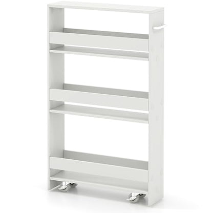 MAT EXPERT Slim Rolling Storage Cart, 4-Tier Freestanding Slim Storage Cart with Wheels 360 Degree & Metal Handle, Wooden Utility Cart for Narrow Kitchen, Laundry Room, Bathroom (Plain White) - color: Plain White
