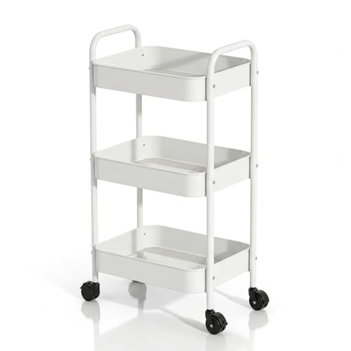 3-Tier Metal Rolling Cart with Smooth Casters, Lightweight Storage Utility Cart Mobile Organizer Rack, Multi-Purpose Basket Shelf for Kitchen, Bathroom, Closet, Pantry-White - color: White