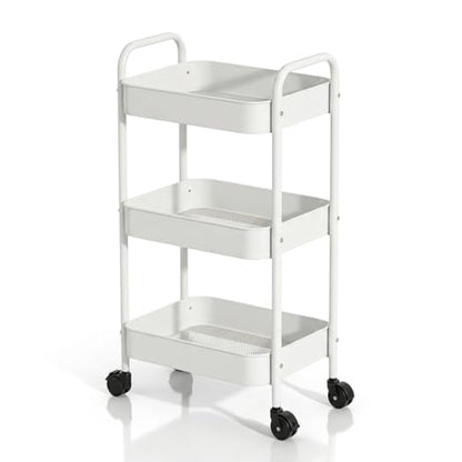 3-Tier Metal Rolling Cart with Smooth Casters, Lightweight Storage Utility Cart Mobile Organizer Rack, Multi-Purpose Basket Shelf for Kitchen, Bathroom, Closet, Pantry-White - color: White