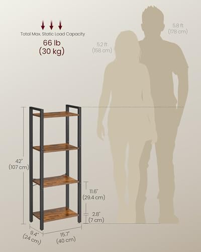 VASAGLE 4-Tier Bookshelf, Bookcase with Steel Frame, Book Shelf for Living Room, Home Office, Study, 9.4 x 15.7 x 42 Inches, Industrial Style, Rustic Brown and Ink Black ULLS099B01 - color: Rustic Brown + Ink Black, size: 4 Tiers (9.4"D x 15.7"W x 42"H)