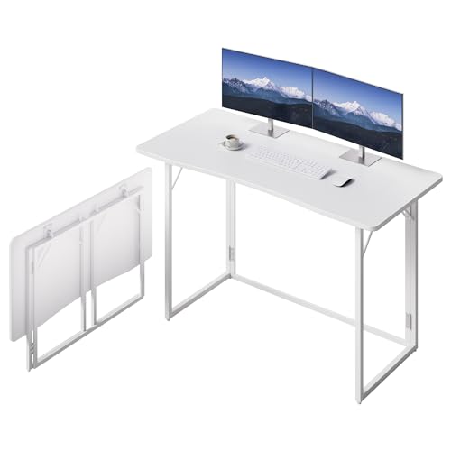 JOYMOOP 47.2" White Folding Desk, No Assembly, Wooden Top, Large Size | Versatile Foldable Desk for Work, Study, Craft | Slim-Folding Storage | 150 lbs, Safe Corners | Metal Legs Foldable Table - color: White, size: 47.2" Width