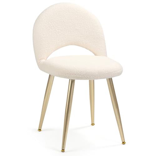 Vanity Chair with Adjustable Backrest, White Sherpa Vanity Stool | Upholstery Amless Makeup Stool, Boucle with Gold Metal Legs for Bedroom Living Room Kitchen Dinning Room (Off White) - color: Gold Sherpa White