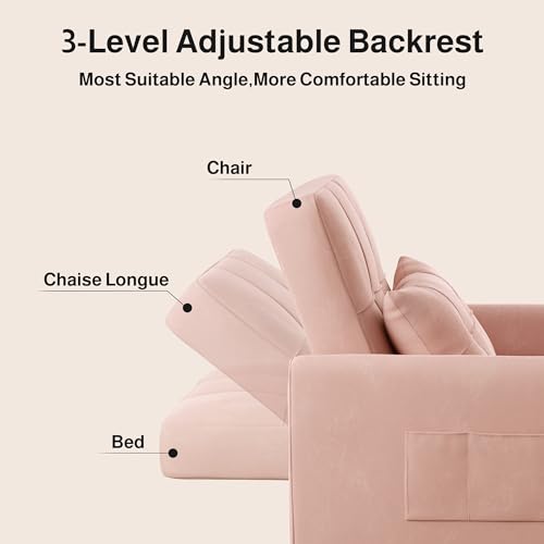 Convertible Sleeper Chair Sofa Bed, 3-in-1 Pull Out Sofa Chair, Pink | 3 in 1 Chair Bed, Adjustable Backrest, Storage Pocket, Compact Fit for Living Rooms, Apartments, Guest rooms - color: Pink Premium Velvet
