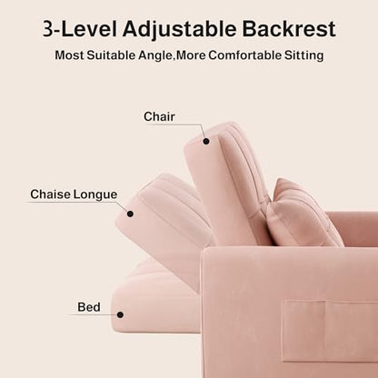 Convertible Sleeper Chair Sofa Bed, 3-in-1 Pull Out Sofa Chair, Pink | 3 in 1 Chair Bed, Adjustable Backrest, Storage Pocket, Compact Fit for Living Rooms, Apartments, Guest rooms - color: Pink Premium Velvet