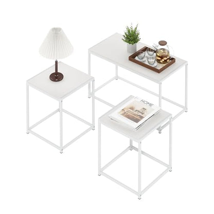 Furinno CAMNUS Coffee Table, Metal Frame Modern Center Table and Side Tables Set, Toolless Side Table Sets, for Living Room, Bedroom, Home Office, Solid White - color: Solid White/White, size: 3-in-1 Set (1 Coffee + 2 End Tables)