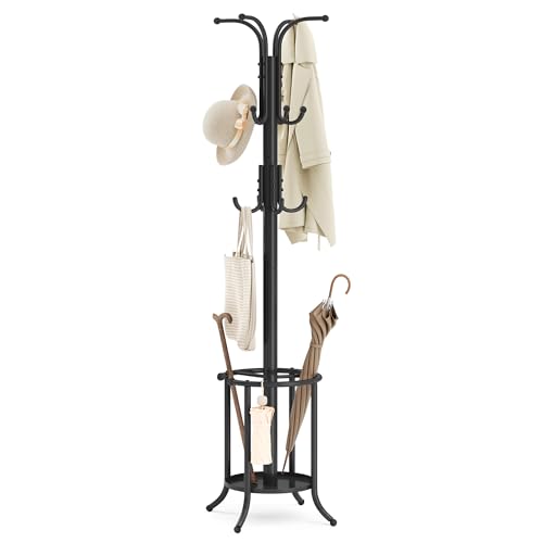 SONGMICS Coat Rack Freestanding Metal Coat Rack Stand with 12 Hooks | Coat Rack with Umbrella Holder, Ink Black, URCR011B01V1 - style: with round umbrella holder