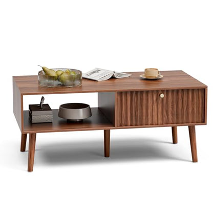 LCRBOL Coffee Table with Fluted Drawer, Mid-Century, Walnut | 39.3"W x 19.7"D x 17.1"H, 1 fluted drawer & open shelf, golden handle, 5 legs, ~45 min assembly - color: Walnut(lsj011-wa)