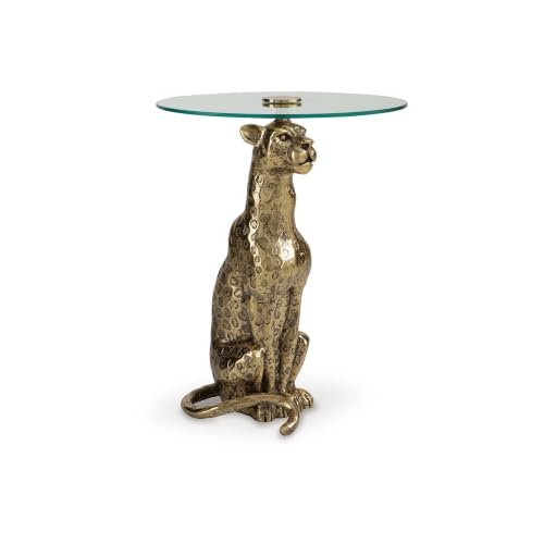 Signature Design by Ashley Vallain Leopard Gold Side Table Glass End Table | Heavyweight 40 lbs cast aluminum leopard base, Durable 18-inch tempered glass top, Compact 23.5-inch height for sofa side use