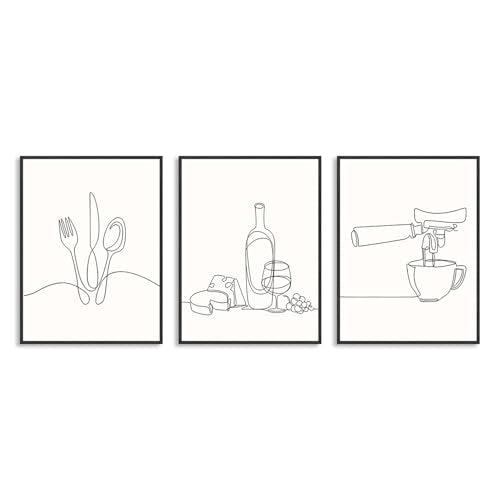 Dazzlewall 3Pcs Minimalist Line Kitchen Wall Art Decor, Black and White Abstract Line Wall Art Prints for Dining Room Coffee Bar Living Room Decor 12x16 in Unframed - color: Line Kitchen