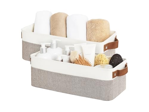 StorageWorks Narrow Storage Bins, Small Baskets, Brown and White, 2-Pack | With Metal Frame, Sturdy Structure, PU Handles, Toilet Paper Storage, Long Storage Bins for Bathroom, Closet, Shelf - color: Brown and White, size: 15"L x 6"W x 5"H