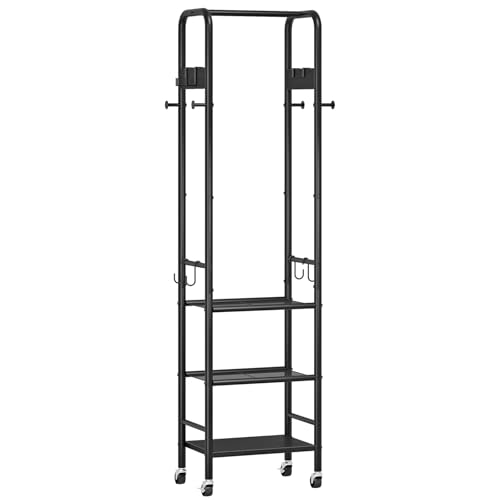 Coat Rack, Freestanding Coat Rack with 3 Shelves, Rolling Garment Rack with Wheels and Hooks, Coat Hanger Stand, Clothes Rack, Hanging Rod, for Entryway, Bedroom, Living Room, Black TYM17BB