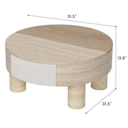 31.5" Round Coffee Table with Flip Top & Fluted Drawer for Living Room, Modern Circle MDF Wooden Center Table Tea Table for Apartment, Hidden Storage, Beige - color: 31.5" Round Coffee Table With Flip Top,beige