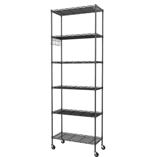 Homdox 6-Tier Storage Shelf Wire Shelving Unit Free Standing Rack Organization with Caster Wheels, Stainless Side Hooks, Black - color: Black, size: 21.26*11.42*72.05 inch