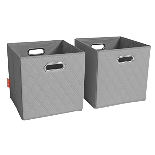 FH Group JIAessentials 12" Faux Leather Foldable Storage Cube Bins Set of 2 – Gray Diamond Patterned Organizers with Handles for Closet & Shelves - color: Gray, size: Medium