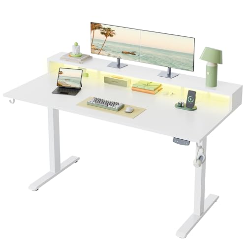 Klicelor Electric Standing Desk with Shelf, 63 Inch Height Adjustable Desk with Power Outlets & LED, Sit Stand Up Table with Monitor Stand, Computer Workstation for Home Office, White - color: White, size: 63 x 24 Inches with led and power strips