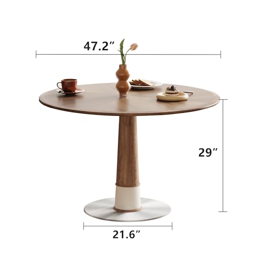 Modern Round Dining Table with Parquet Walnut Tabletop Seats 4-6 | 47.2" Small Circle Pedestal Kitchen Table with Metal Base for Dining Room, Kitchen, Apartment, Living Room
