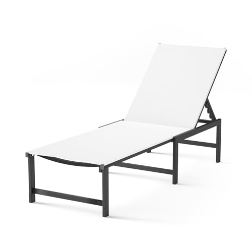 Aluminum Outdoor Chaise Lounge, 5-Position Textilene Chair,White | Rust-proof aluminum frame; UV quick-dry Textilene mesh; 5-position recliner; supports 400 lbs, built-in armrests - color: White, size: 1 Chair