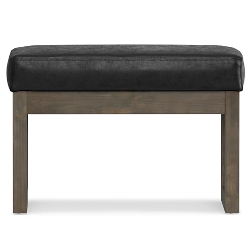 SIMPLIHOME Milltown 27" Wide Vegan Leather Rectangle Ottoman in Black | Distressed black, contemporary ottoman with a cushioned seat for bedroom seating; footstool, footrest or bench. - color: Distressed Black, style: Small Ottoman Bench