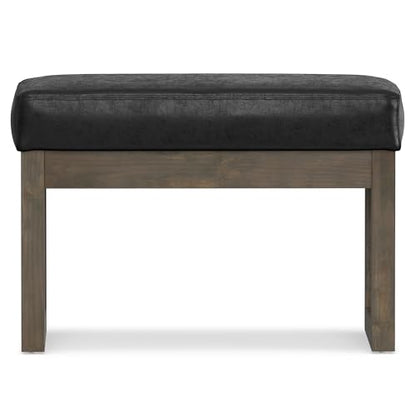 SIMPLIHOME Milltown 27" Wide Vegan Leather Rectangle Ottoman in Black | Distressed black, contemporary ottoman with a cushioned seat for bedroom seating; footstool, footrest or bench. - color: Distressed Black, style: Small Ottoman Bench