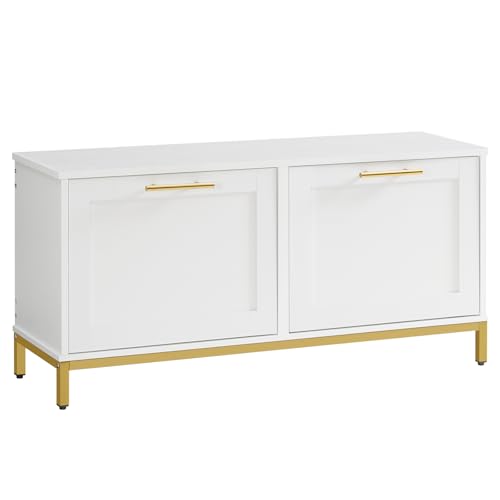 HOOBRO Shoe Bench with Storage, Shoe Storage Bench with 2 Flip Drawers, 39.4" Shoe Cabinet with Bench, Hidden Shoe Rack Organizer for Entryway, Foyer, Hallway, White and Gold DW48HX01