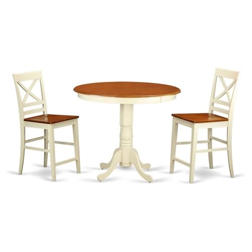 East West Furniture JAQU3-WHI-W 3 Piece Counter Height Dining Table Set Contains a Round Wooden Table with Pedestal and 2 Kitchen Dining Chairs, 36x36 Inch, Buttermilk & Cherry - color: Jaqu3-whi-w
