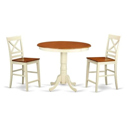 East West Furniture JAQU3-WHI-W 3 Piece Counter Height Dining Table Set Contains a Round Wooden Table with Pedestal and 2 Kitchen Dining Chairs, 36x36 Inch, Buttermilk & Cherry - color: Jaqu3-whi-w