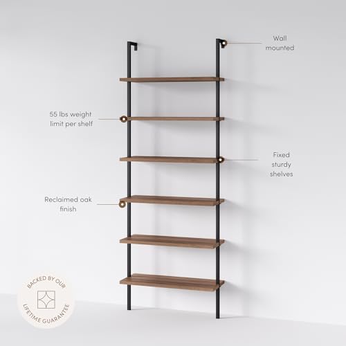 Nathan James Theo 6-Shelf Tall Bookcase, Wall Mount Bookshelf with Reclaimed Wood and Industrial Metal Frame, Oak/Black - color: Oak/Matte Black, size: 1