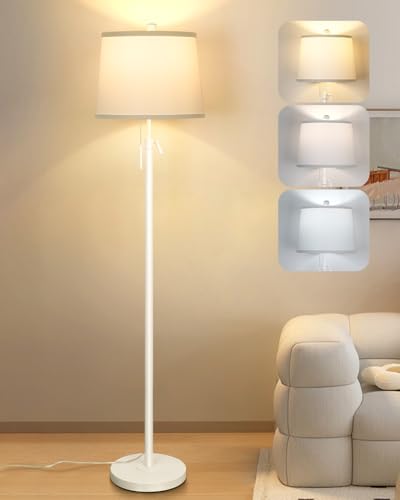White Floor Lamp for Living Room 55-65" Adjustable Height Modern Standing Lamp with Pull Chain Tall Pole Light with White Shade for Bedroom Reading Office Corner Nursery 9W LED Bulb Included 3 Color - color: White+White Shade