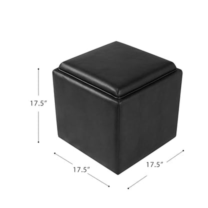 HomePop 17.5" Storage Ottoman with Tray Top - Black Faux Leather - color: Black Faux Leather