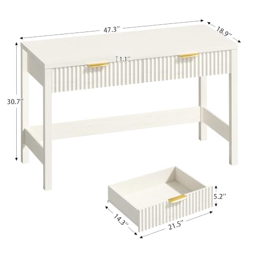 47 Inch Small Fluted Computer Desk with 2 Drawers for Bedroom, Home Office | Small Computer Desk with Storage for Bedroom, Compact Writing Study Desk for Small Spaces, Warm White - color: White, size: 47-Inch Desk