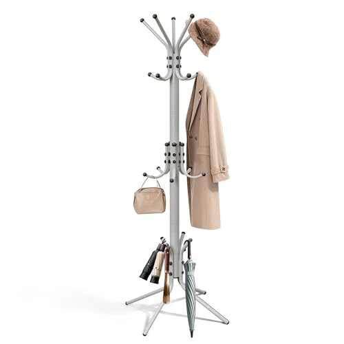 Metal Coat Rack, Freestanding Coat Tree & Hall Tree with 15 Hooks, Sturdy Coat Rack Stand and Hat Rack, Coat Hanger for Entryway, Bedroom, Office for Jackets, Hats, Bags, Grey - color: GREY