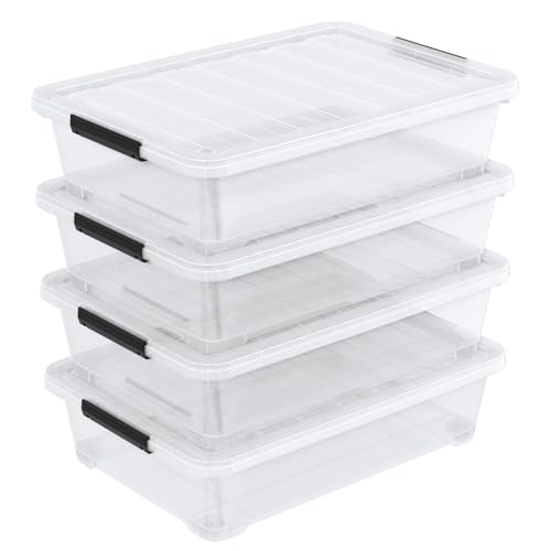40 Quart Large Clear Plastic Underbed Storage Boxes Bin, 4 Packs | Flat Under Bed Organization Container with Wheels - size: 40 Quart