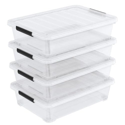 40 Quart Large Clear Plastic Underbed Storage Boxes Bin, 4 Packs | Flat Under Bed Organization Container with Wheels - size: 40 Quart