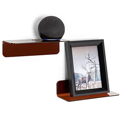 OAPRIRE Acrylic Floating Wall Shelves Brown, No Drill, 9 Inch 2 Pack | Strong Tape Adhesive Wall Shelf, Easy Installation, Hole Design with Cable Clips, Small Spaces Bedroom Bathroom Living Room - color: Brown
