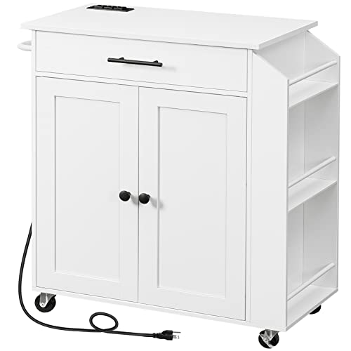 HOOBRO Kitchen Island with Power Outlet, Kitchen Storage Island with Spice Rack and Drawer, Rolling Kitchen Cart on Wheels, for Home, Kitchen and Dining Room, White WT82UZD01G1 - color: White