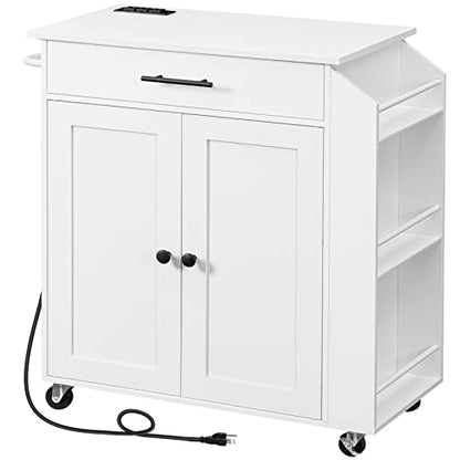 HOOBRO Kitchen Island with Power Outlet, Kitchen Storage Island with Spice Rack and Drawer, Rolling Kitchen Cart on Wheels, for Home, Kitchen and Dining Room, White WT82UZD01G1 - color: White